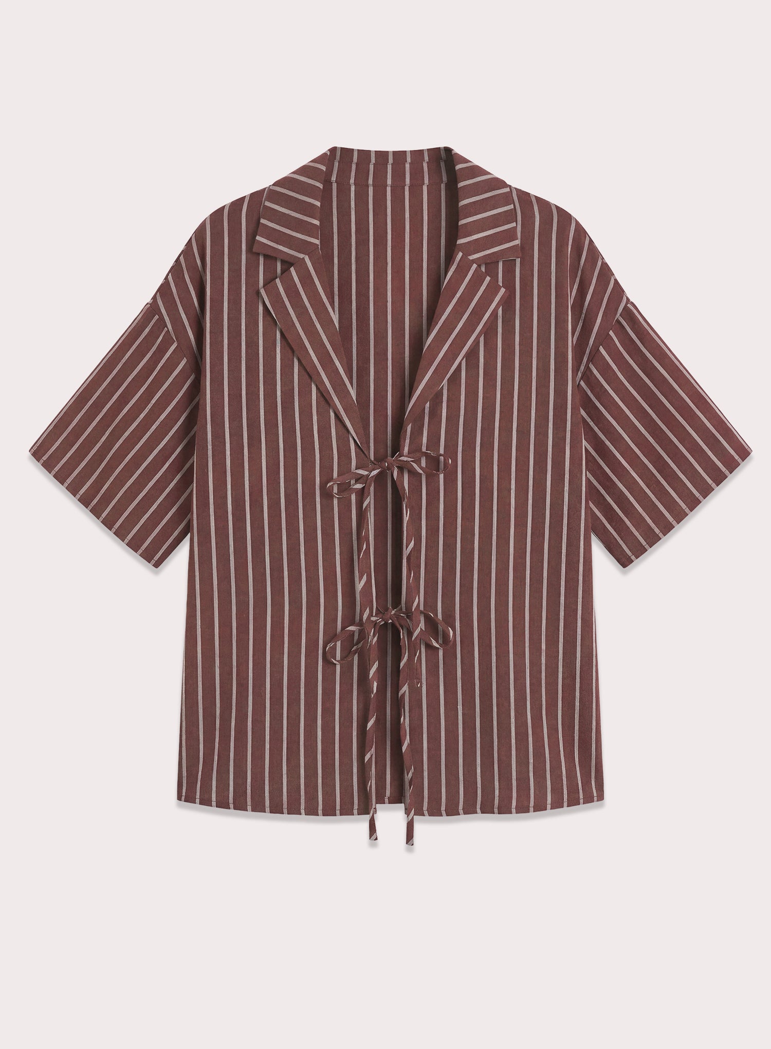 Chocolate Stripe Cotton Tie Front Short Sleeve Shirt